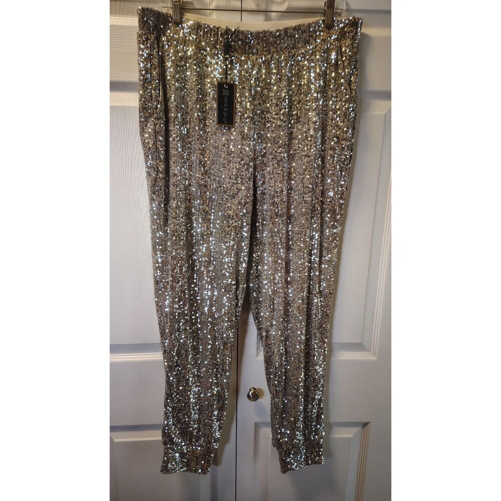 NWT Cable & Gauge Silver Sequin Jogger Pants Large Sparkly Party Holiday New